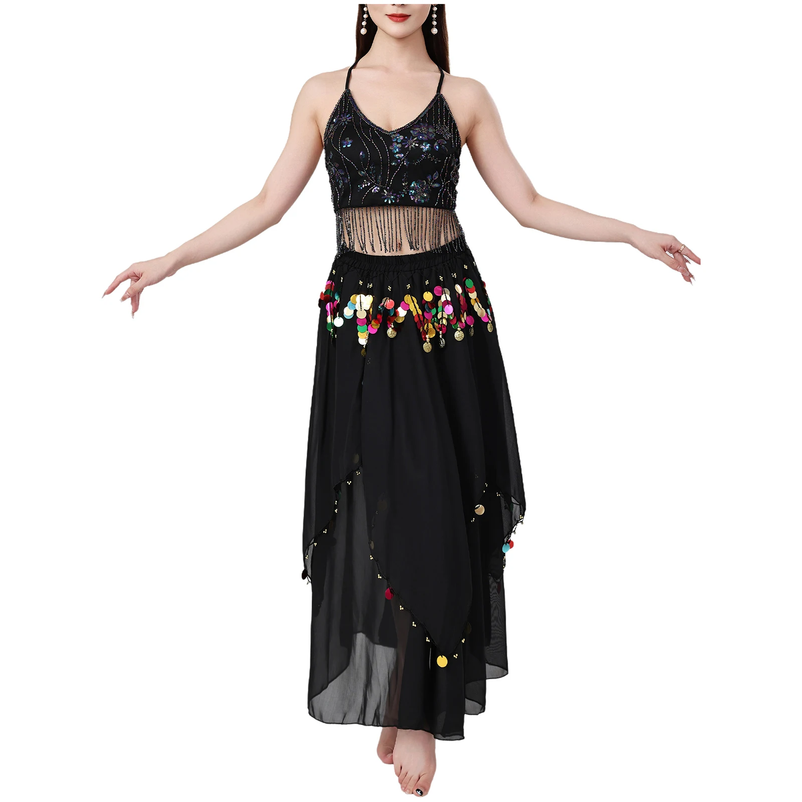 Womens buikdans kostuum franje geborduurde kant-up crop top en onregelmatige zoom chiffon rok lyrische buik moderne dans outfit