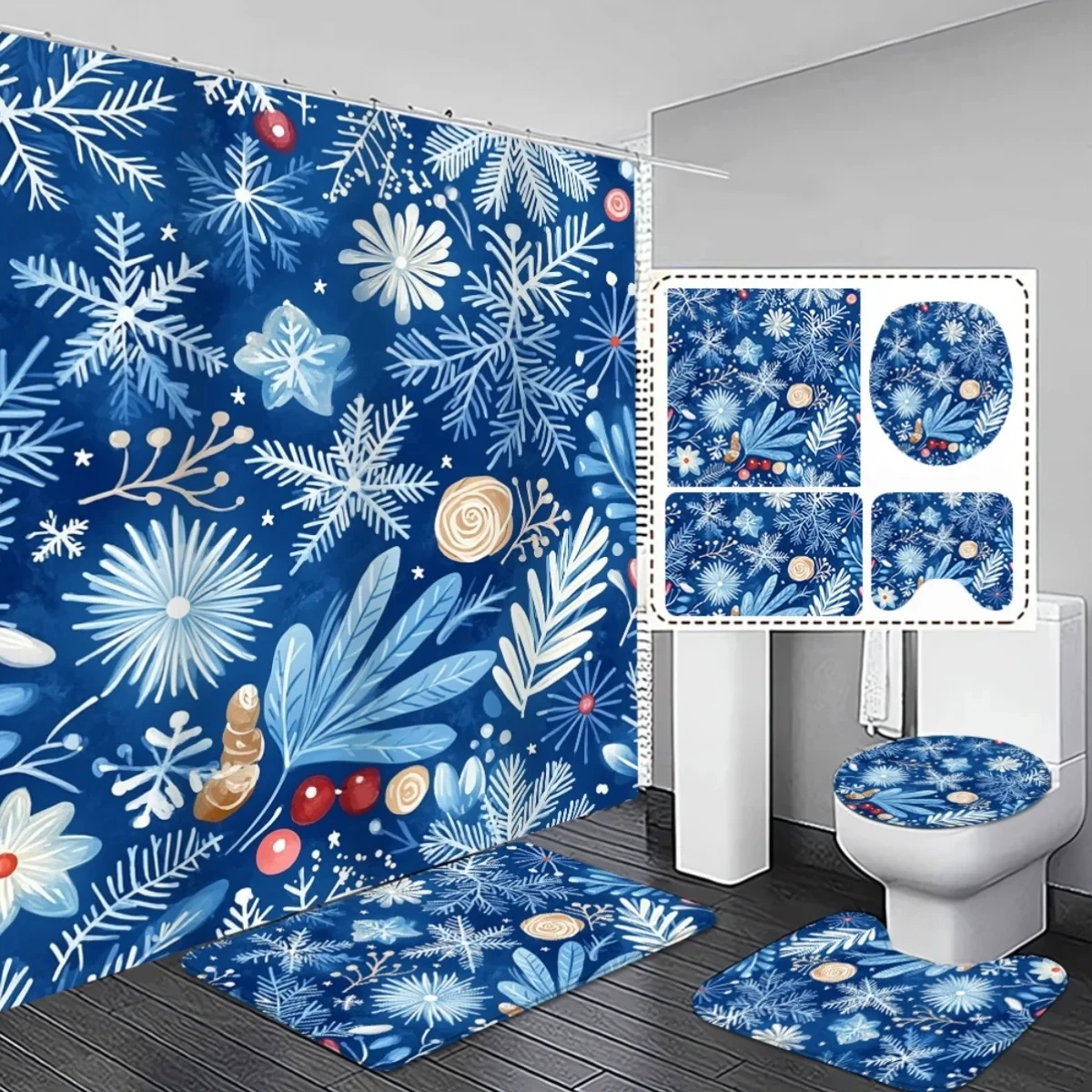 

4pcs Christmas Bathroom Set - Blue Floral Snowflake Shower Curtain with Non-Slip & Toilet Lid Cover, Durable Plastic Bath