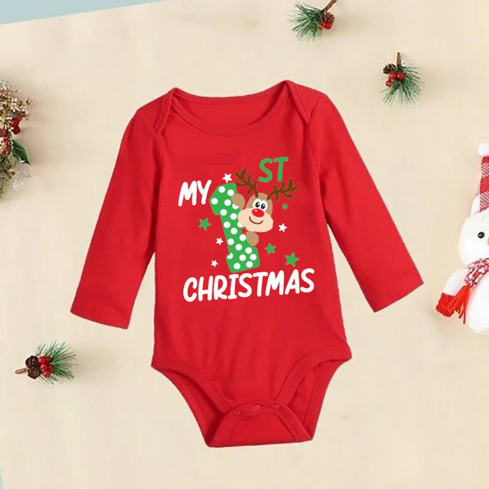 My 1st Christmas Deer Print Baby body, Pelele de algodón, mono de manga larga Unisex, ropa para niños pequeños, traje de Navidad