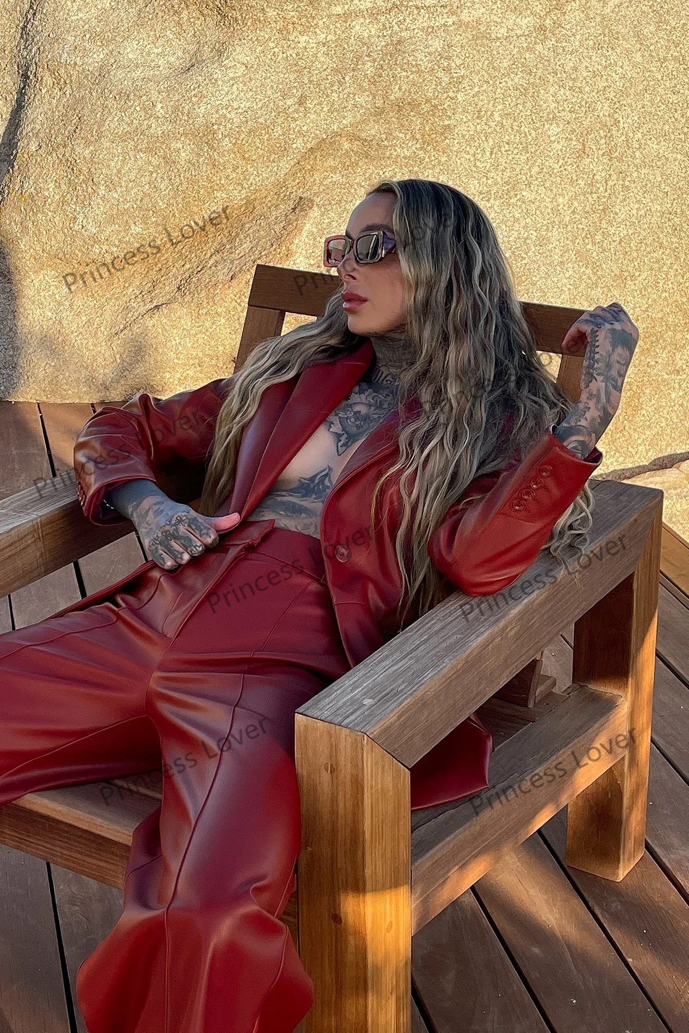 Dark Red 2 Pieces Tuxedo Suit for Women Custom Made Notched Lapel Loose Leather Casual Blazer Suits Daily Streetwear Coat