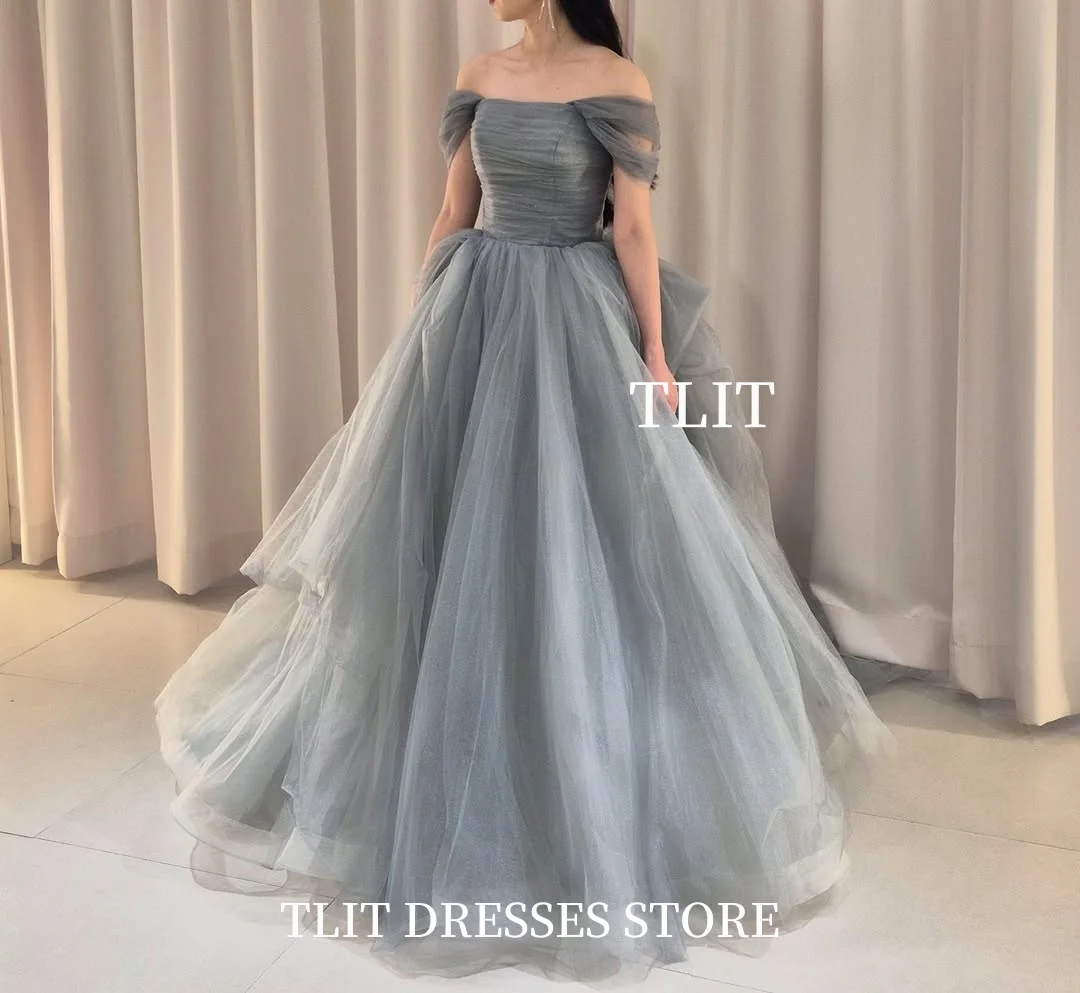 فستان سهرة أنيق من TLIT بالضباب الرماد من التول قبالة الكتف فستان حفلات الزفاف الكوري تبادل لاطلاق النار حسب الطلب