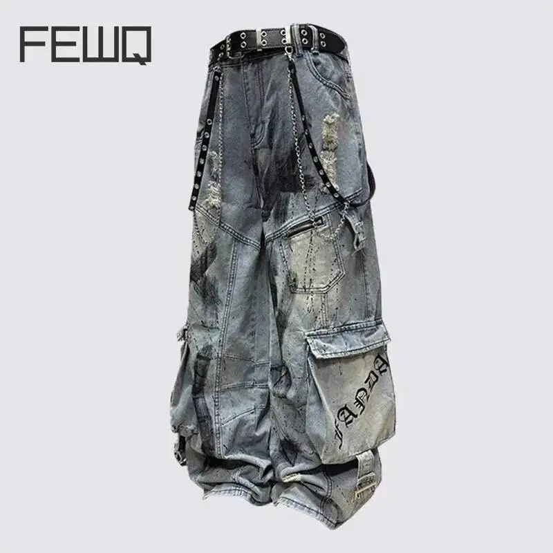 FEWQ American High Street Splicing Ribbon Men's Workwear Jeans Casual Multi Pocket Ripped Wide Leg Pants 2026 Autumn New