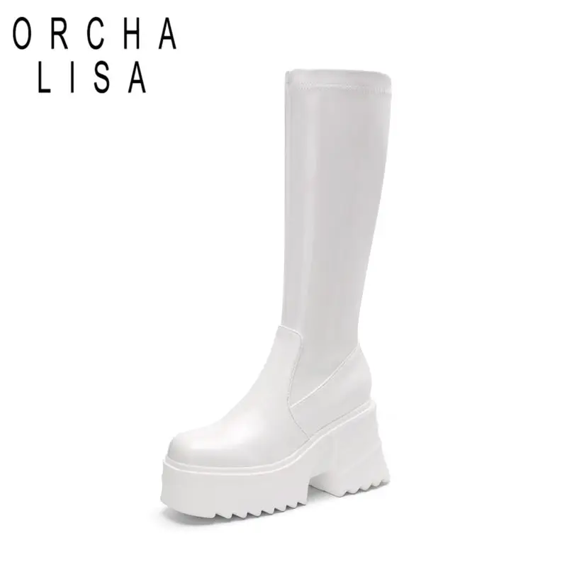 

ORCHALISA Stretch Women Knee High Boots Square Toe Chunky Heels 9cm Platform Hill Zipper Plus Size 42 43 Sexy Knee High Booties