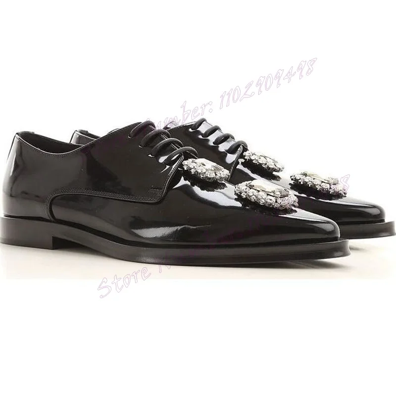 Black Crystal Decor Men's Derby Shoes Patent Leather Lace Up Handmade Dress Shoes for Men Party Luxury Shoe Zapatos Para Hombres