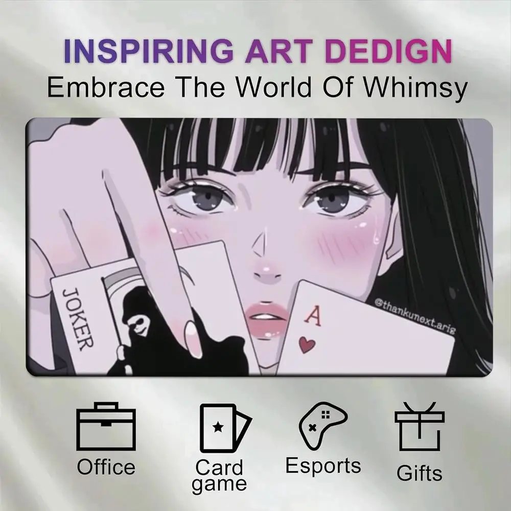 Vintage Anime Black Hair Girl Poker Card Desk Pad Anti-Slip Mousepad Heart A Joker Playing Card Manga alfombrillas gaming