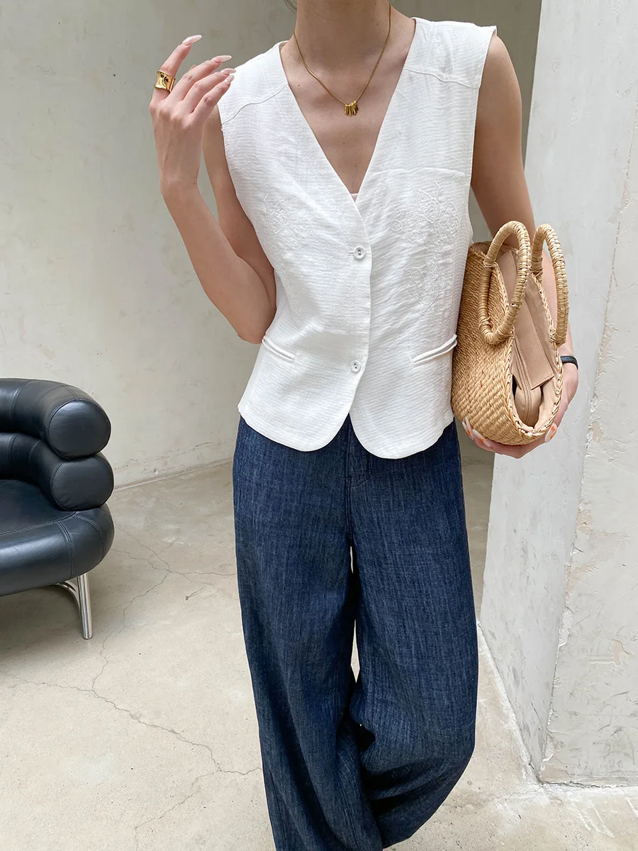Sommerliche Damen-Weste, einfarbig, modisch, mit Stickerei, V-Ausschnitt, ärmellos, elegant – Detail 22