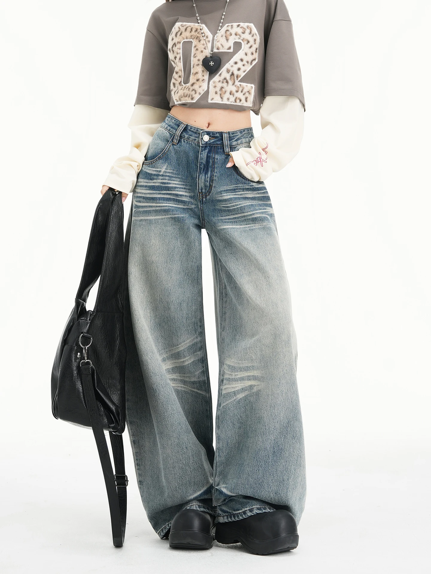 

Американские свободные джинсы с широкими штанинами для женщин, с отворотами, повседневные длинные брюки из хлопка, на пуговицах, с завышенной талией