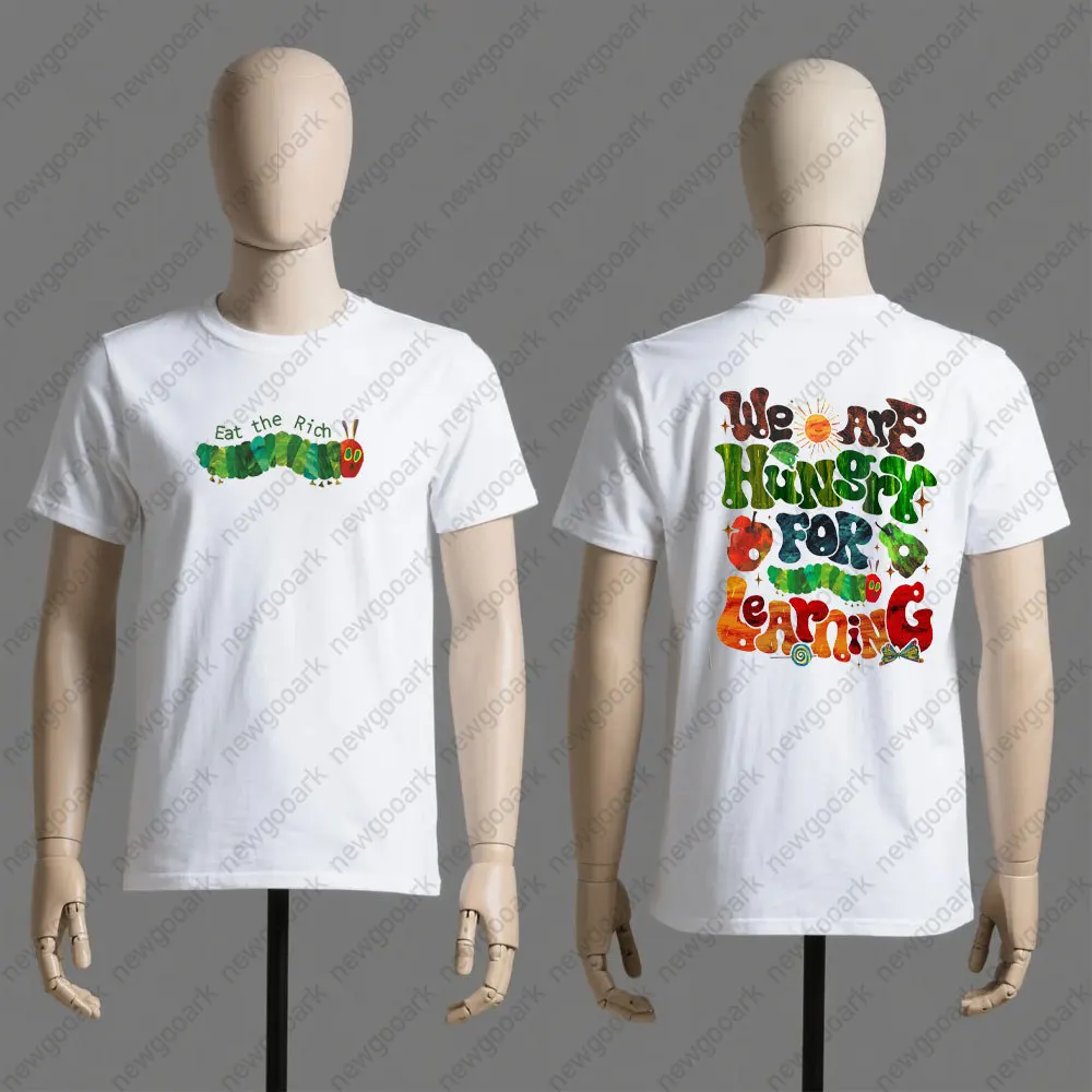 Camiseta Retro con estampado de oruga muy hambre para aprender, camiseta de dibujos animados de verano para mujer y hombre, ropa de calle informal