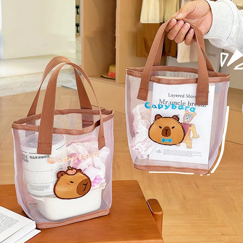 Capybara Cartoon Shopping Bag Mesh Beach Transparent Tote Bags Cosmetic Bags Ladies Toiletries Storage Bages