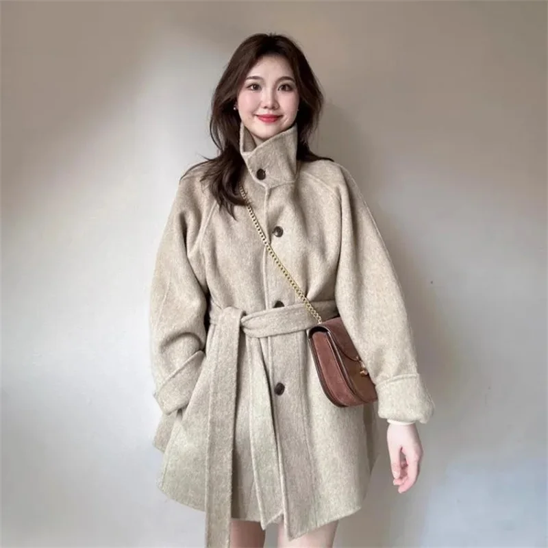 

Новая женская зимняя шерстяная куртка с длинными рукавами, осенняя женская верхняя одежда с воротником-стойкой, корейская модная свободная повседневная шерстяная куртка для женщин