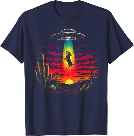 Lustiges Dackel-UFO-Abduktions-T-Shirt mit Wüstensonnenuntergang, Y2K-Alien-Abduktions-Hunde-Kunst, Ästhetische Kleidung, Neuartiges Geschenk, Sci-Fi-T-Shirts – Detail 13