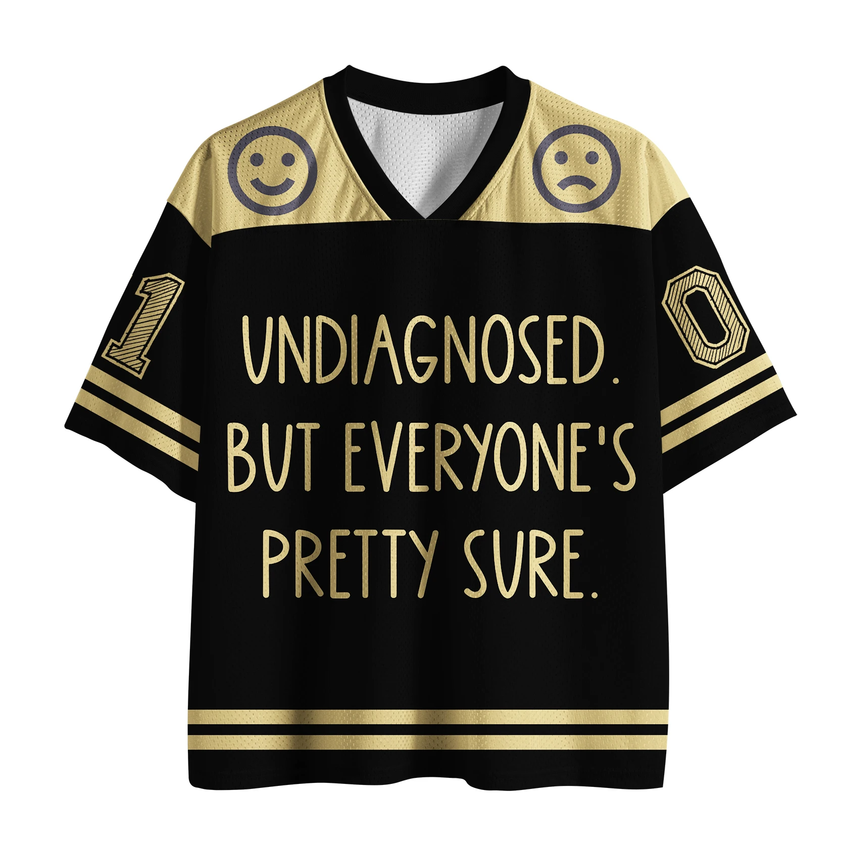 Undiagnosed But Everyone's Pretty Sure Funny Quote Football Jersey Smiley Sad Face Print V-Neck Number 10 Short Sleeve Tee