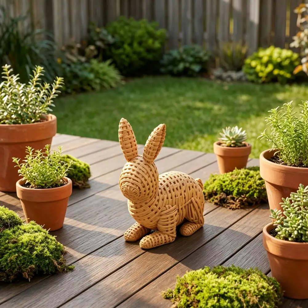Indoor Rabbit Sculpture 3d Printed Wicker-look Bunny Figurine Rattan Texture Rabbit Statue Weather-resistant Garden for Indoor