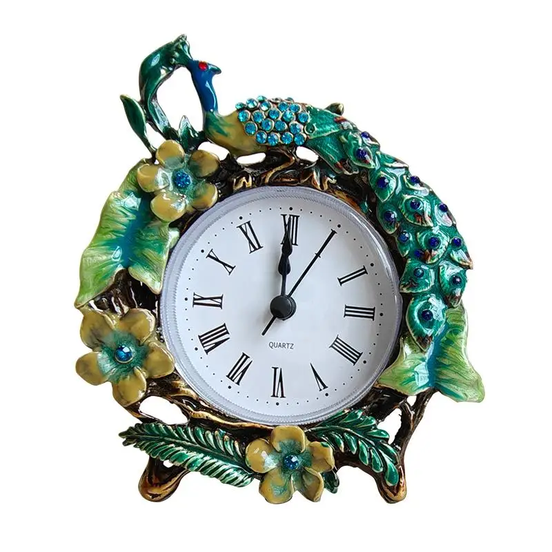 

Enamel green peacock desk clock duplex building villa tea room dining room living room desktop hour clock decoration photo
