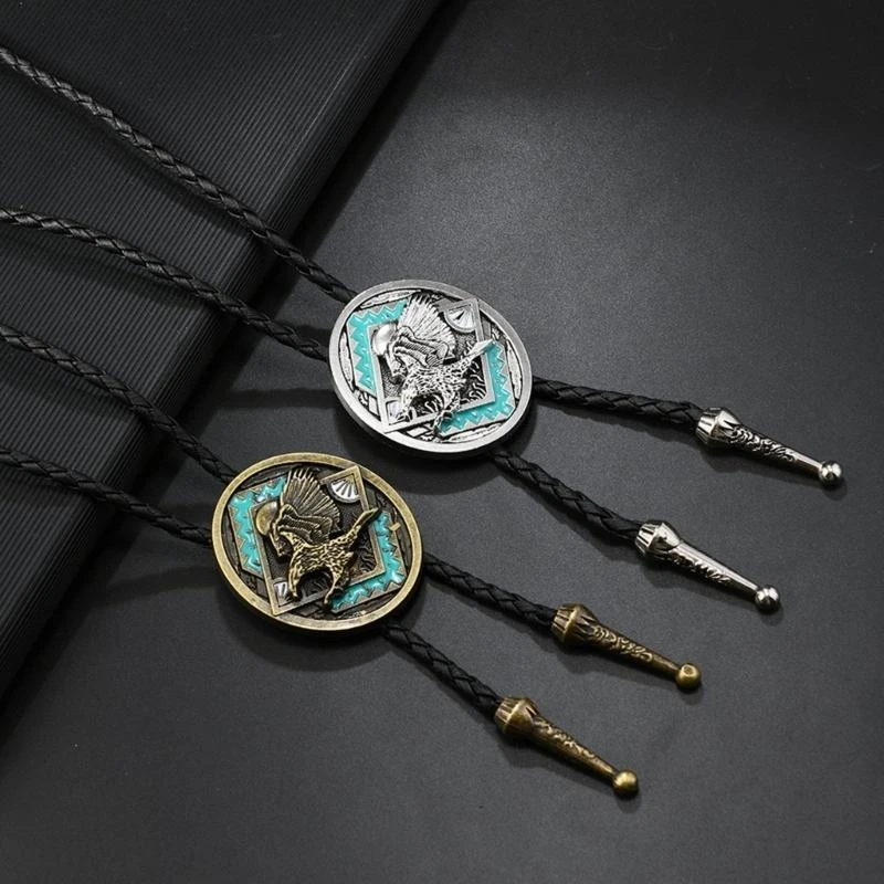 Classical Men's Rodeos Bolo Tie with Adjustable Leather Cord and Enamel Metal Badge Pendant Western Necktie Necklace