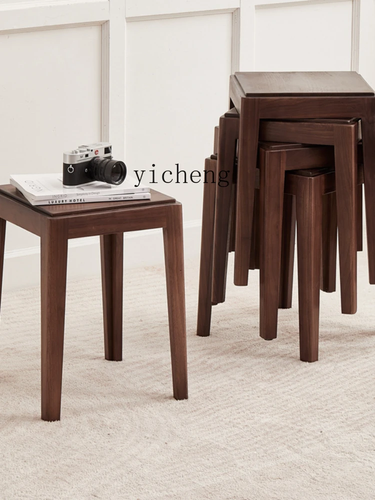 Xl Black Walnut Solid Wood Stool Household High Stool Square Dining Chair Skeleton Integrated