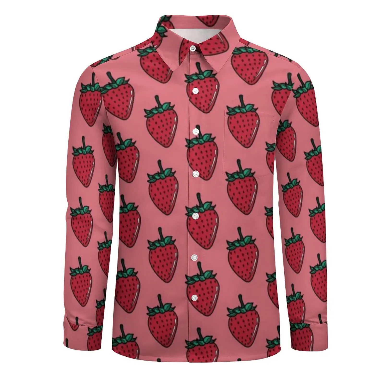 STRAWBERRY TEA ROSE Shirt Man Fruit Casual Shirts Spring Funny Graphic Blouses Long Sleeve Fashion Oversized Clothes Gift Idea