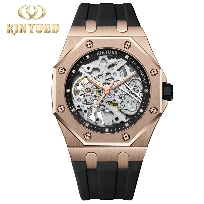 Kinyued Men\'s Classic Skeleton Watch Luminous Hands Automatic Mechanical Wrist Watches Rubber Strap Waterproof Wristwatch Men