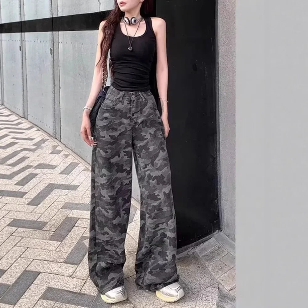 

Новые повседневные брюки в стиле ретро с камуфляжным принтом, женские прямые длинные брюки с высокой талией, летние новые стильные брюки длиной до пола, свободный крой