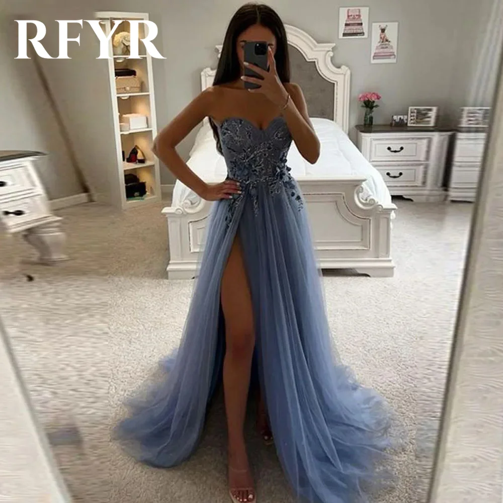 

RFYR Blue Sweetheart Evening Dress Appliques Lace Party Dress For Wedding Special Occasion Dress with Side High Split Customized