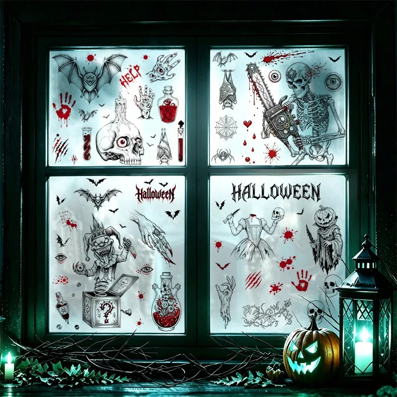 10 Sheets Halloween Skull Chainsaw Bloody Handprint Eyeball Explosion Box Static Window Clings, Horror Glass Door Wall Decor