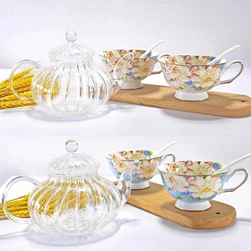 3pcs Set, Clear Glass Tea Pot and Bone China Cups, Pumpkin Design Coffee Pot, Tazas Delicate Ceremony Set