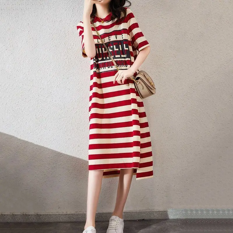 

Casual Comfortable Round Neck Striped Dresses for Female Summer Fashion Half Sleeve Letter Printing Loose Dress Women's Clothing