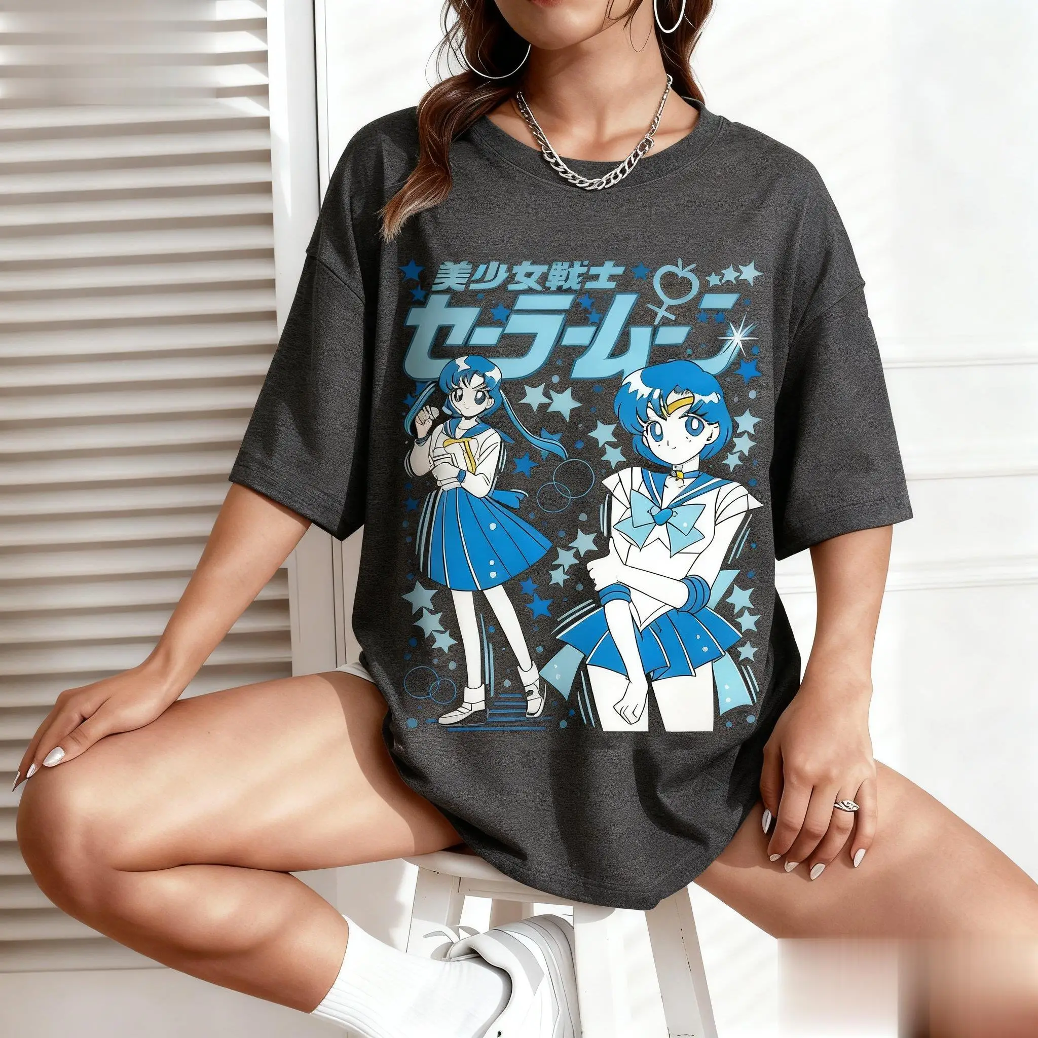 Kaus Sailor Moon Atasan Katun Lengan Pendek Wanita Anime Pakaian Jalanan Kawaii Kasual Kaus Grafis Kartun Jepang Trendi Musim Panas