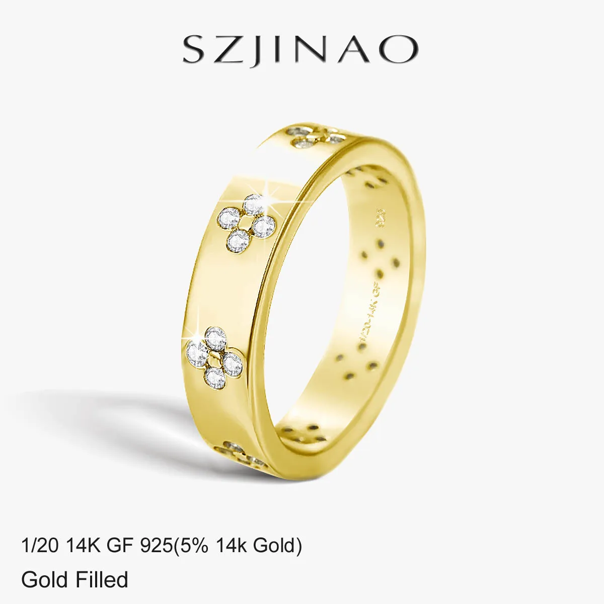 14K Gold Filled Lucky Four Leaf Clover Moissanite Ring Heavy Industry Design Unisex Minimalist Daily Statement Jewelry for Women