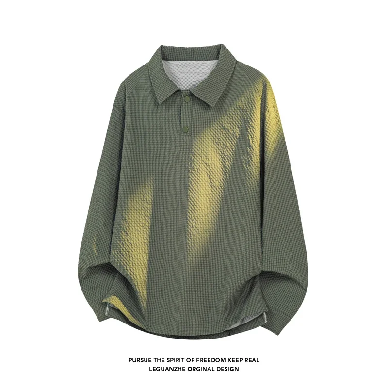 Men Oversized Cropped Long Sleeve Polo Top Half Button Lapel Collar Bubble Texture For Street Fashion And Daily Commute Usage