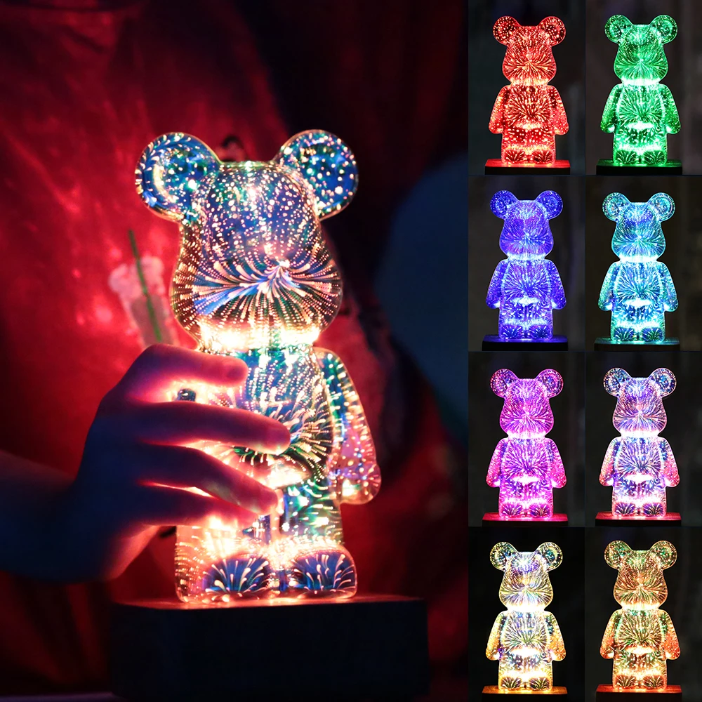 USB Glass LED Table Lamp 3D Bear Night Light Fireworks Room Lamps Dimming Living Room Atmosphere Lamps Bedroom Bedside Decor