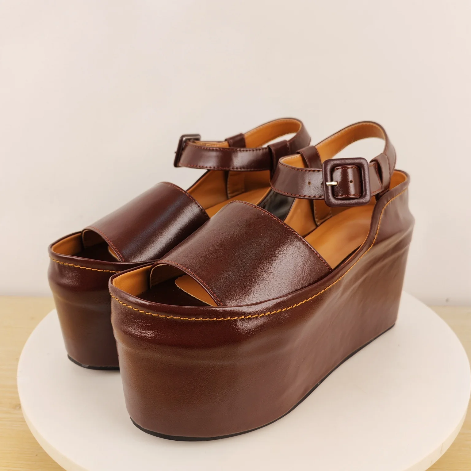Rich Brown Leather Contrast Stitch Ankle Buckle Open Toe Platform Wedge Sandals Retro Office Date Holiday Summer Daily Footwear