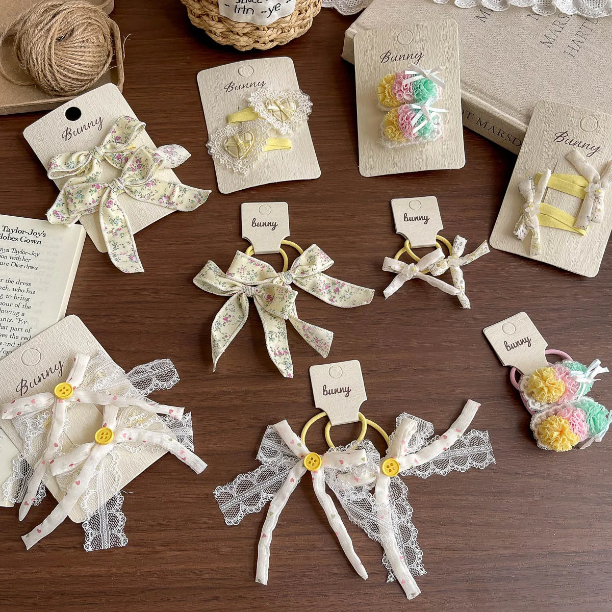 2pcs Beige Floral Bow Hairpin Children's Elastic Hair Band Baby Hair Rope Tie Ponytail Holder Rubber Band Barrettes Kids Hairpin