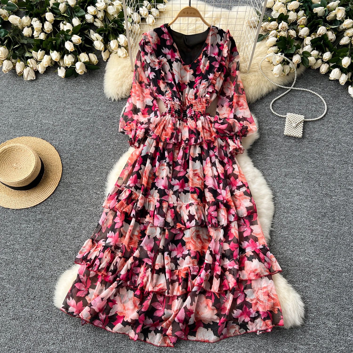 Chic Ruffle print V Neck Dress Chiffon A-line Casual Korean Fashion Women Elegant Vestidos summer sweet dresses