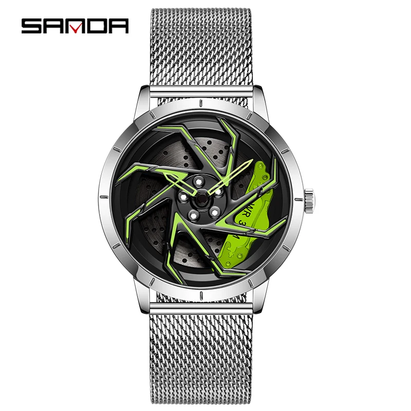 SANDA P1088 New Watch Men Quartz Rotating Dial Waterproof Sport Steel Clock Creative Rim Hub Wheel Wristwatch Relogio Masculine