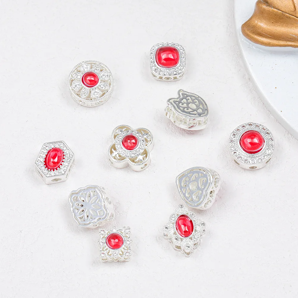 5 Pieces Copper Gold-silver Inlaid with Red Zircon High-end Bead DIY Pearl Necklace Bracelet Jewelry Accessories Wholesale