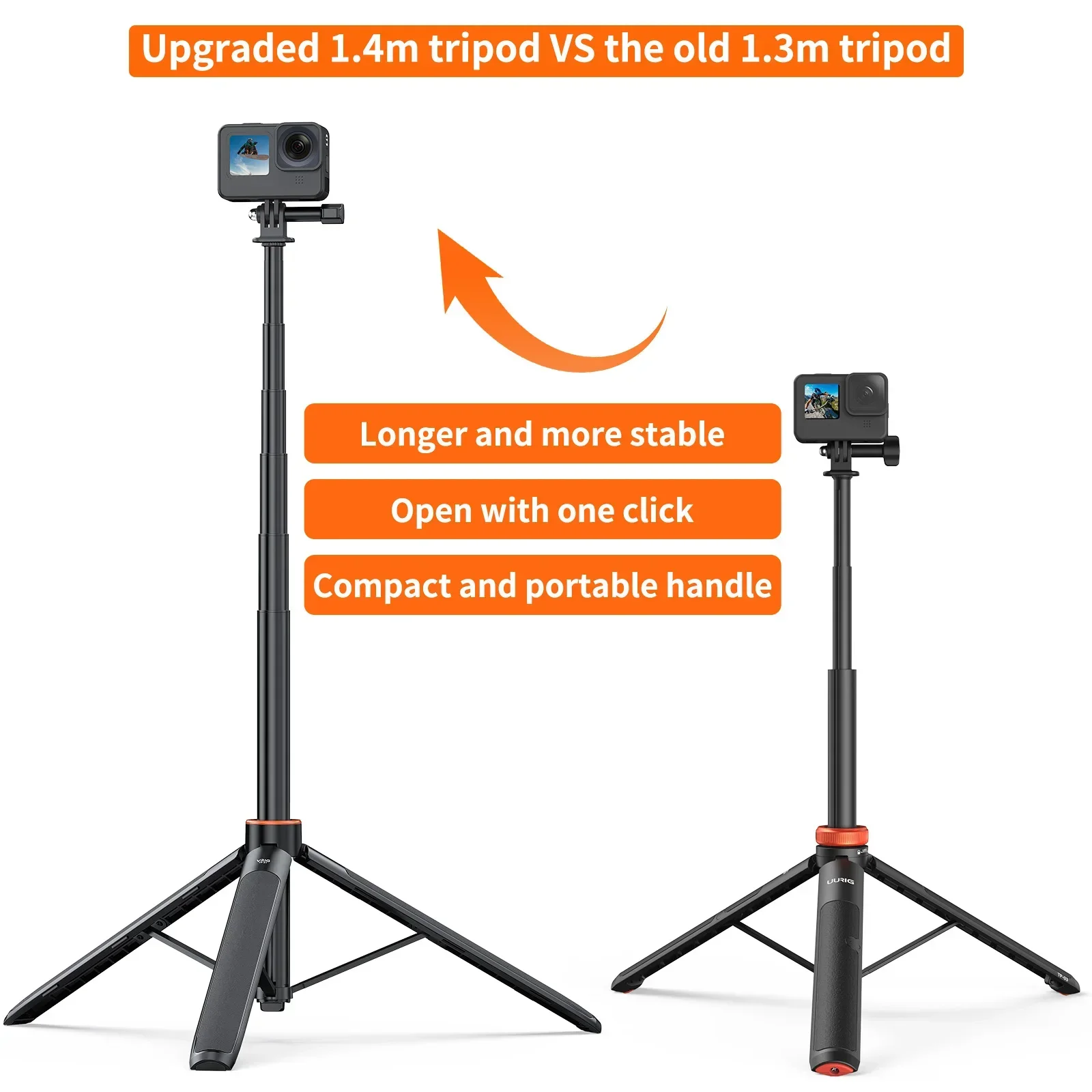 VRIG TP-21 138cm Extended Selfie Stick Tripod Mini Portable Tripod for GoPro 12/11/10 Insta360 x3 ace Action Camera Vlog Stand