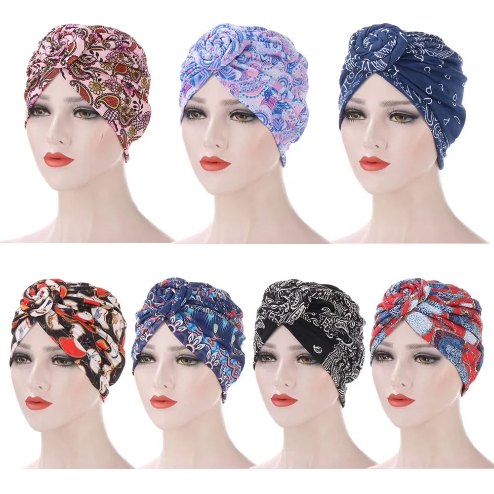 

Women Print Hat Muslim Hijab Chemo Cancer Cap Twist Knot Bonnet Islamic Hair Loss Hat Head Scarf Turban Inner Cap Arab Fashion
