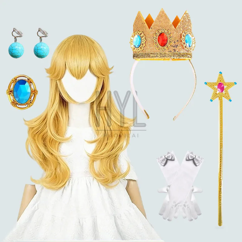 Anime Super Brother Princess Peach Cosplay Wig Synthetic Hair Princess Crown Earrings Wand  For Women Halloween Carnival Party