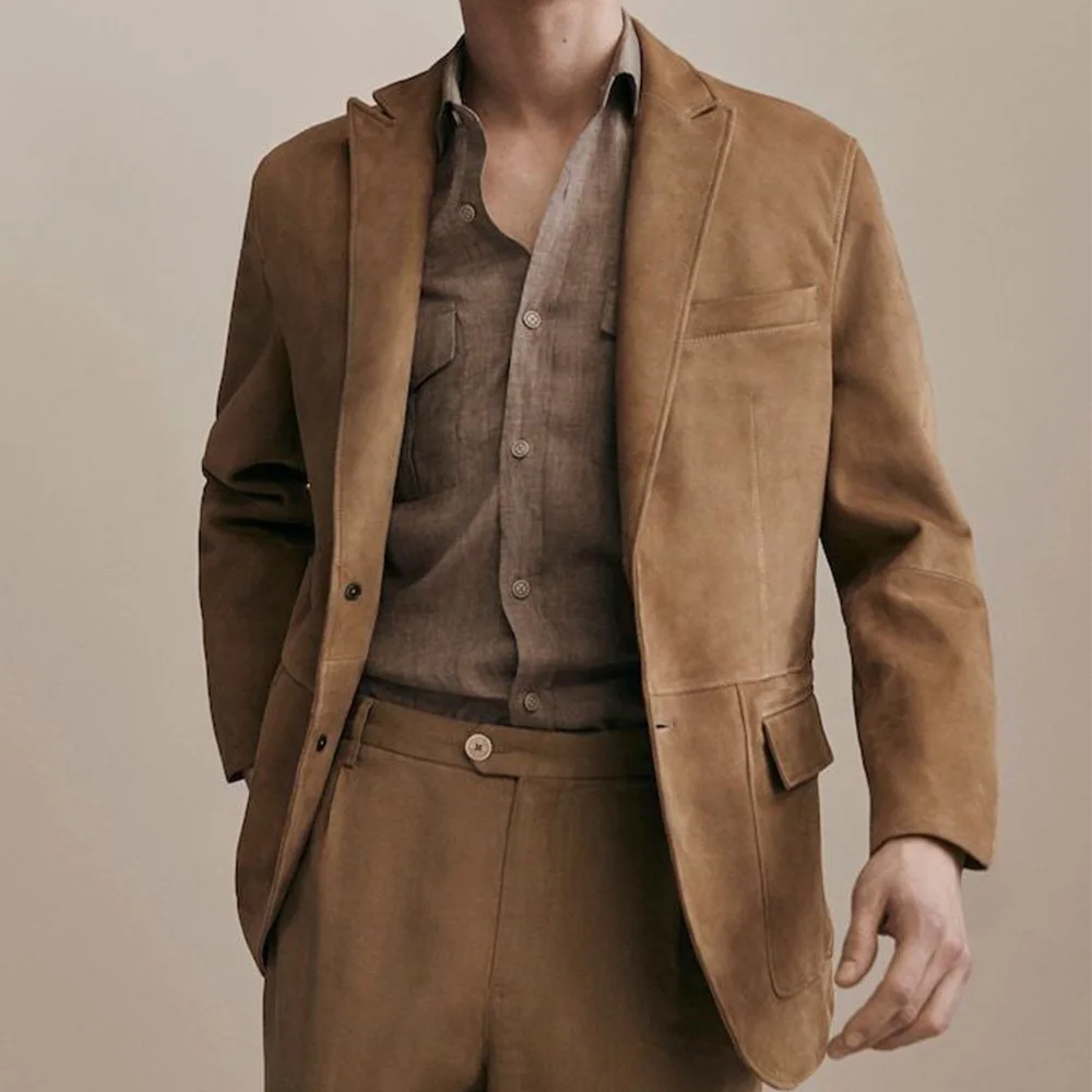 

Men's Suede-Like Blazer Two-Piece Set Single-Breasted Light Brown Casual Fashion Slim Fit Comfortable Elegant Suit Business Atti