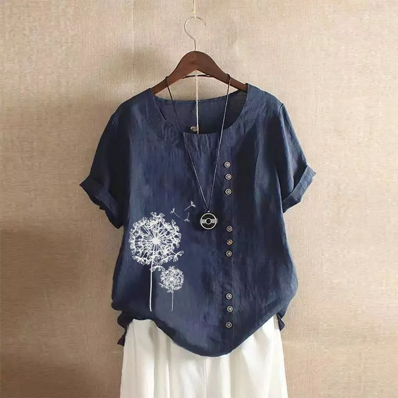 Oversized S-5XL Women Loose Floral Print Cotton Linen Blouse Shirts Summer Female O-Neck Short Sleeve Vintage Holiday Tops