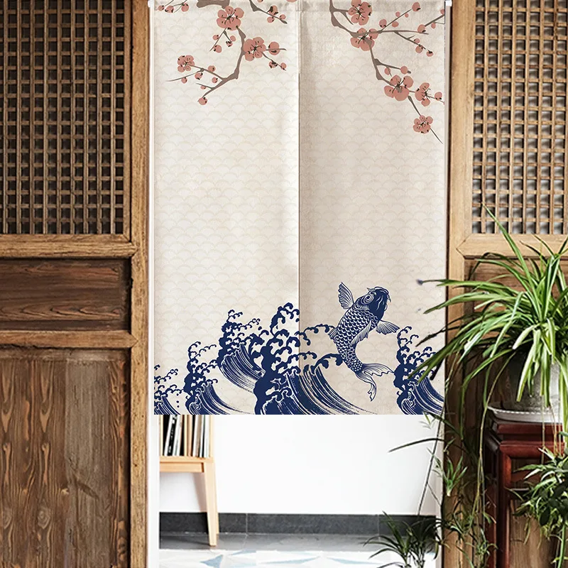 Japanese-style Ship Waves Linen Door Curtain Living Room Partition Feng Shui Curtains Kitchen Decor Noren Hanging Half-Curtain