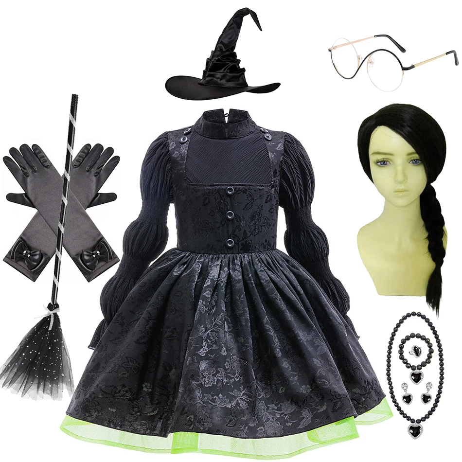 

Girls Halloween Elphaba Dress Halloween Cosplay Costume Children Wicked Witch Black Frocks Long Sleeve Lace Floral Elegant Gown