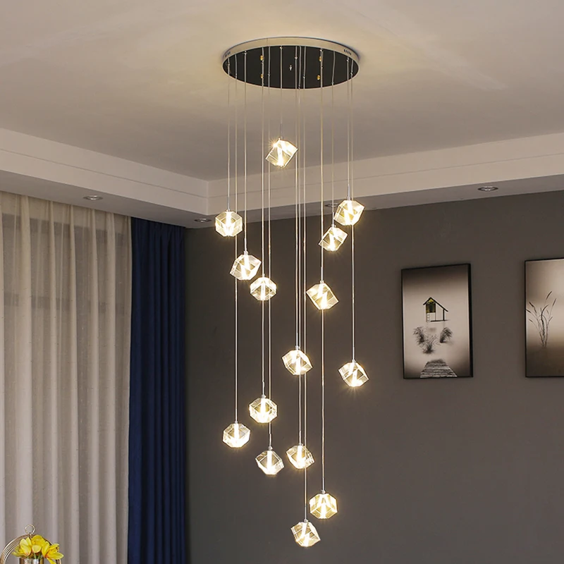 Modern Led Square Crystal Chandelier Lighting Large Hotel Restaurant Spiral Staircase Chandeliers Living Room Cristal Hang Lamps