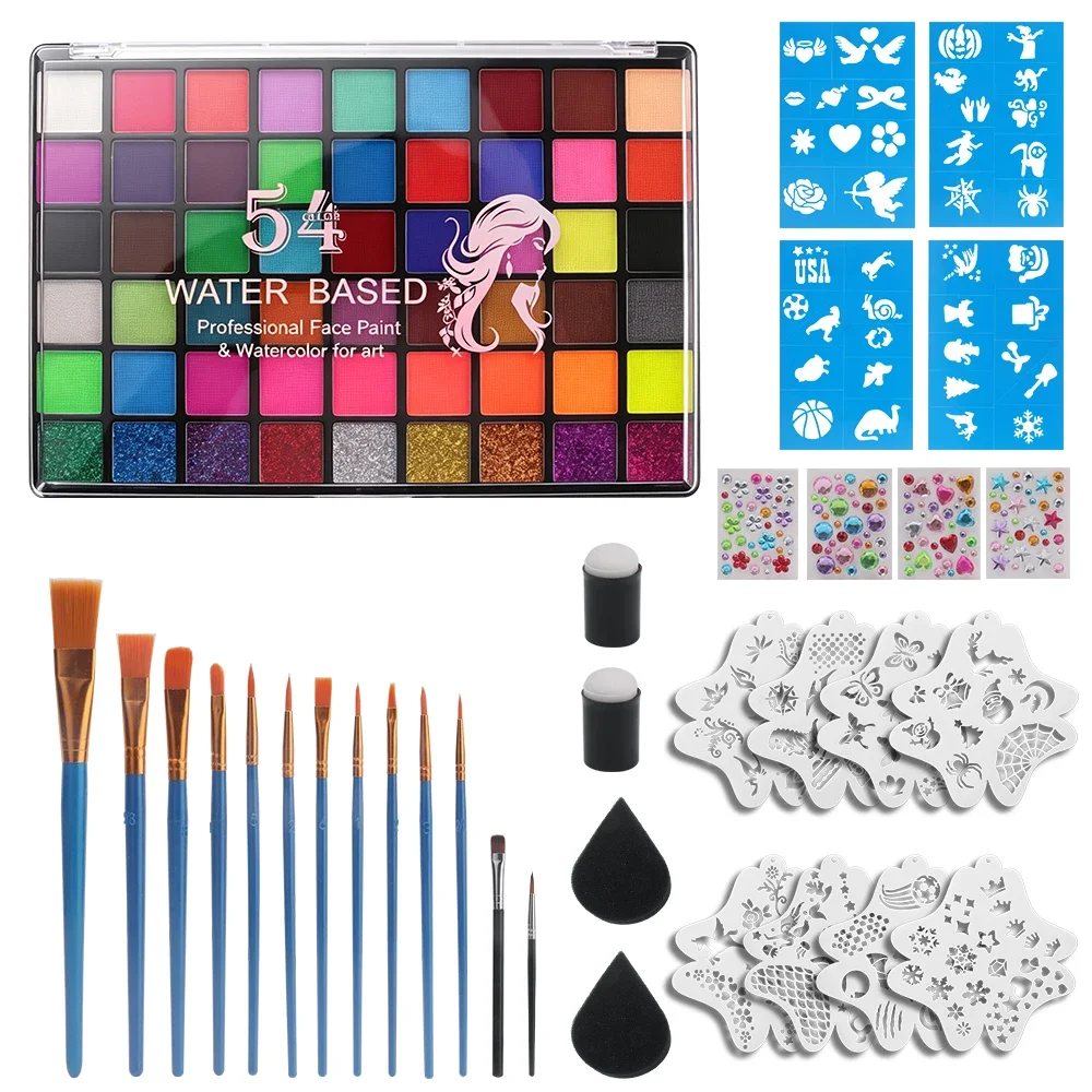 54 Colors Face Body Paint Kit with Brushes Stencils Gem Stickers Sponges Water Based Washable Palette for Halloween Kids