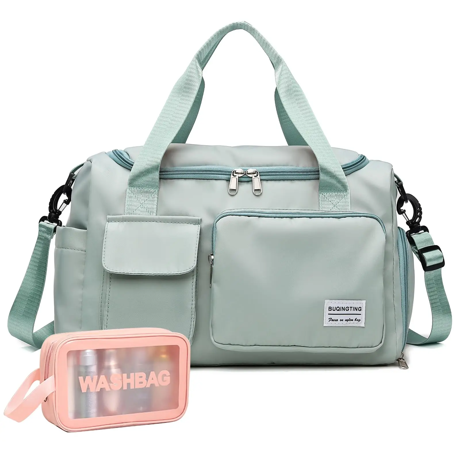 Women's Green Gym Bag, Travel Duffel Bag, Weekend Carry Bag, Pink Cosmetic Bag with Shoe Compartment