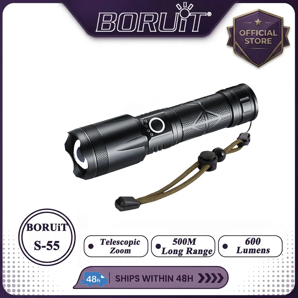 BORUiT 600LM S-55 500M Long range Tactical Zoomable Flashlight functional LED Torch USB Output Light Rechargeable Emergency