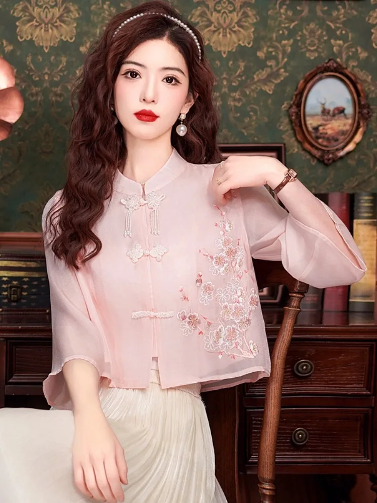 

New Chinese Sle Women's Embroidered Chiffon irt Tee-Quarter Sve Summer 2025 High-End Feelings National Trend Cheongs...