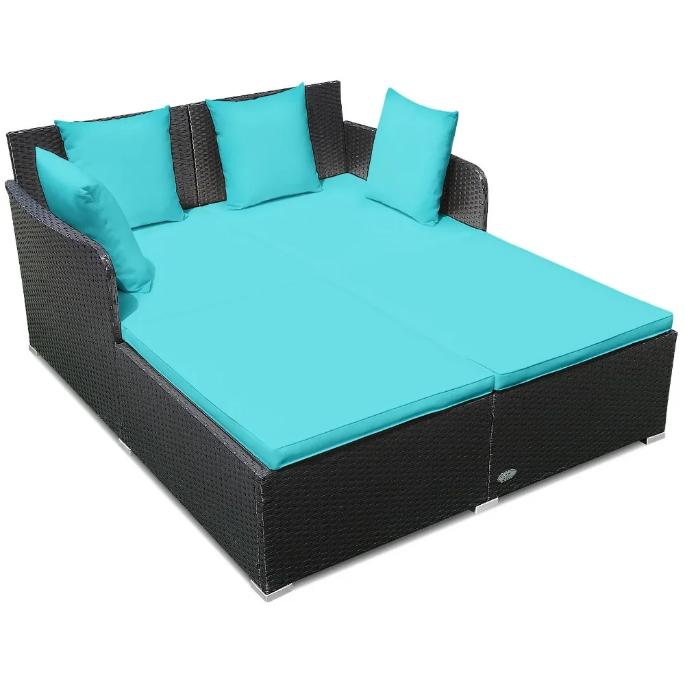 

Rattan Daybed Patio Loveseat Sofa Set , Wicker Patio Furniture w/Padded Cushion & and Sturdy Foot, Turquoise