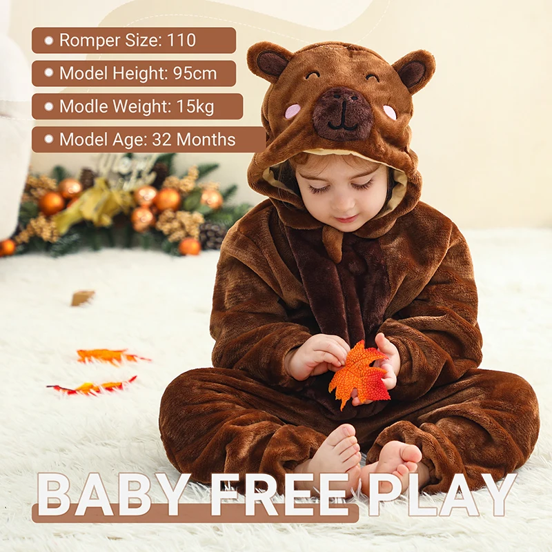 MICHLEY Karneval Löwen-Capybara Baby-Strampler Kleidung mit Kapuze Flanell Cosplay Kleinkind Pyjama Bodysuit Jumpsuit Kostüm für Jungen – Detail 2
